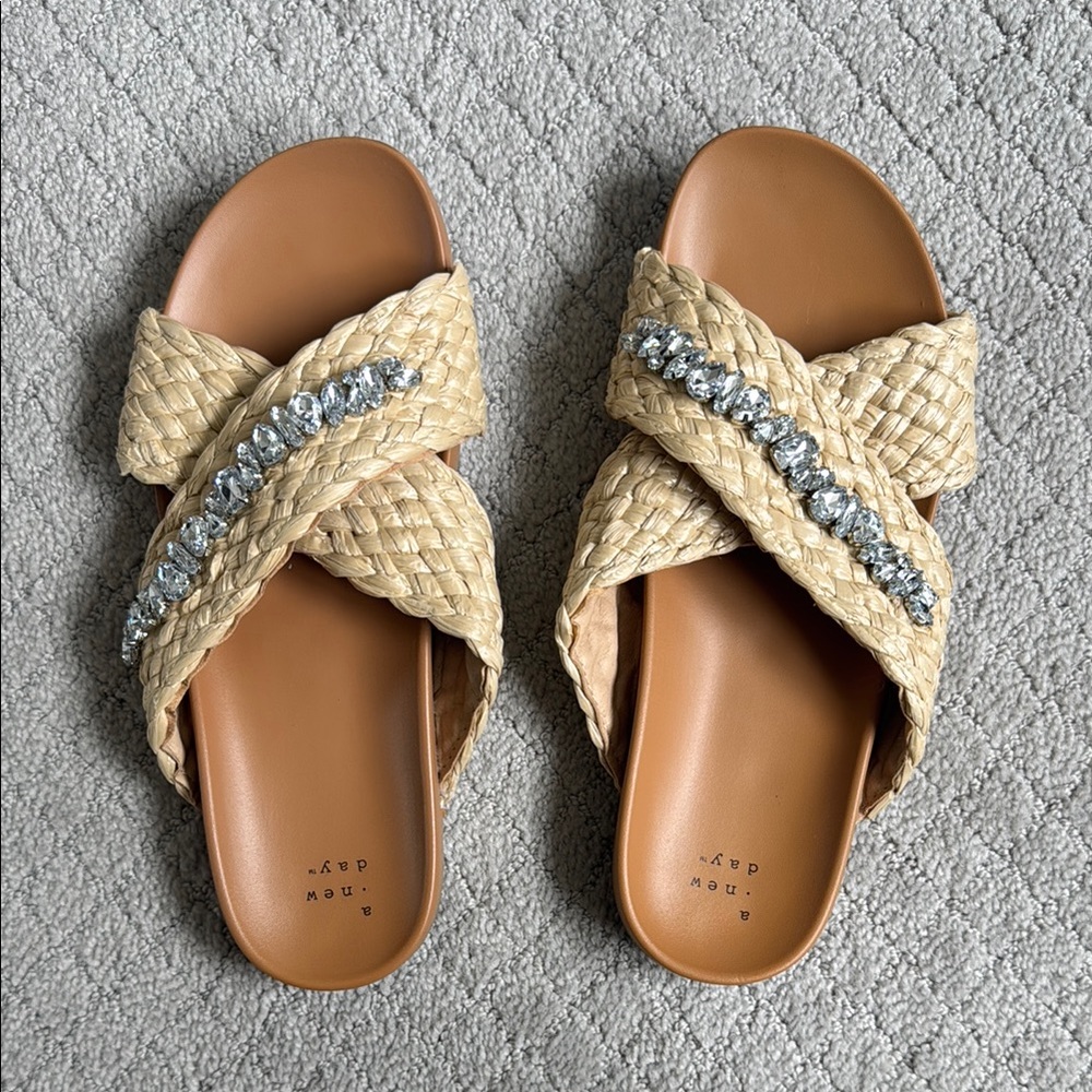 A New Day Tan and Rhinestone Sandals with Cross-Strap Design